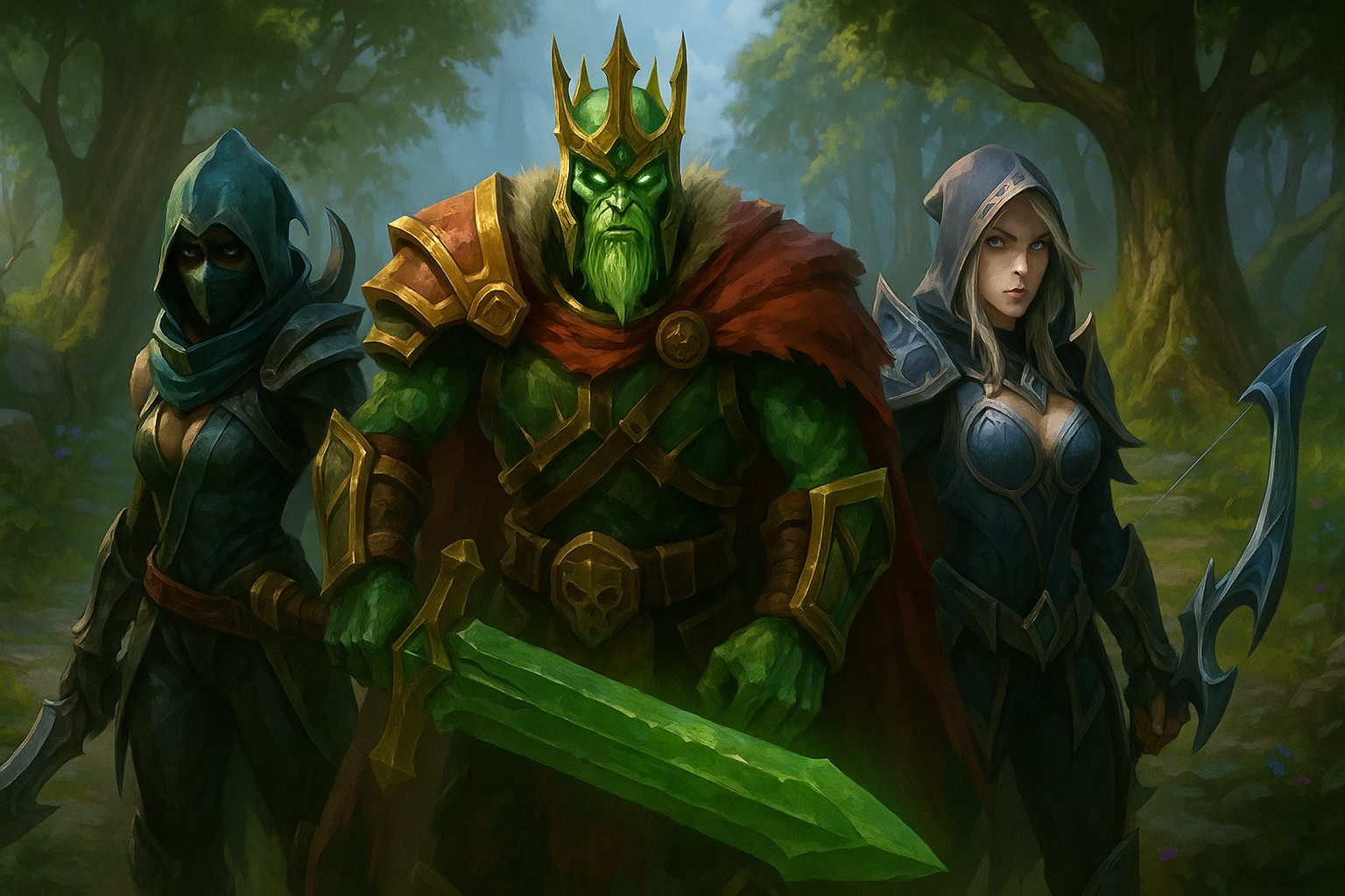 Phantom Assassin, Wraith King y Drow Ranger en una ilustración épica de Dota 2