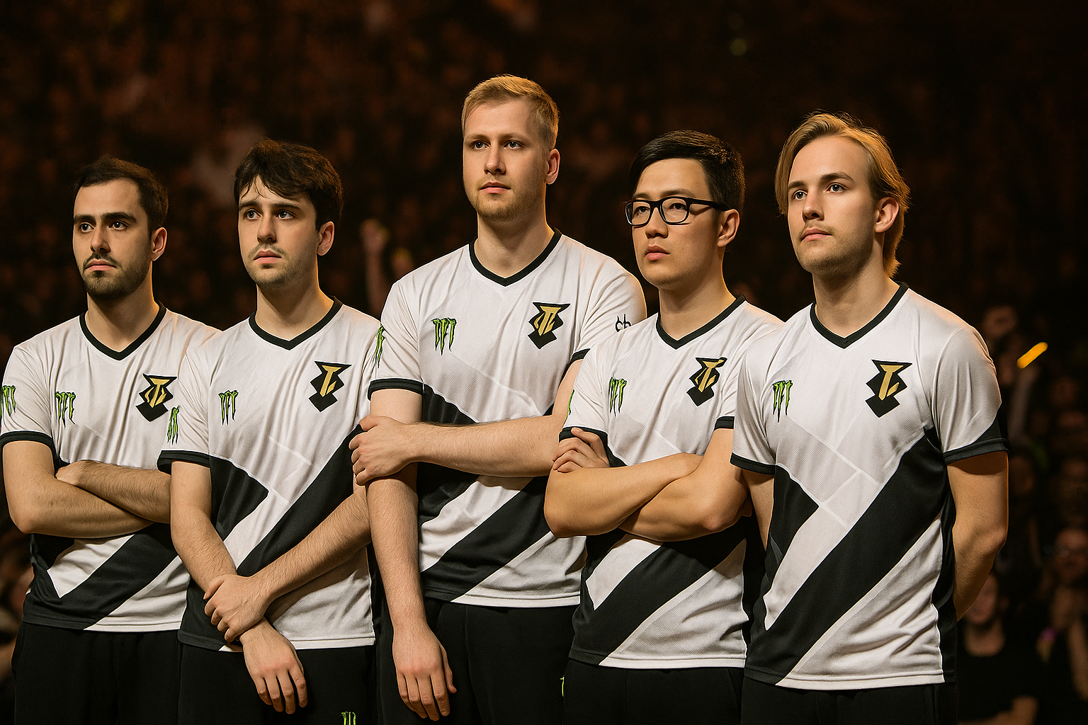 Jugadores profesionales de Dota 2 en escenario competitivo representando a un roster histórico