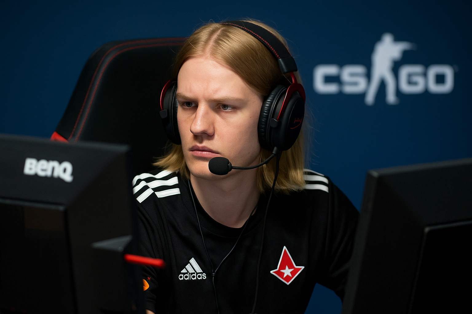 Jugador profesional de CS2 concentrado durante torneo con la camiseta de su equipo