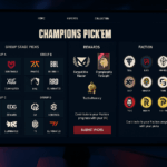 Pantalla del evento Pick’ems de VALORANT Champions 2025 mostrando grupos, facciones y recompensas