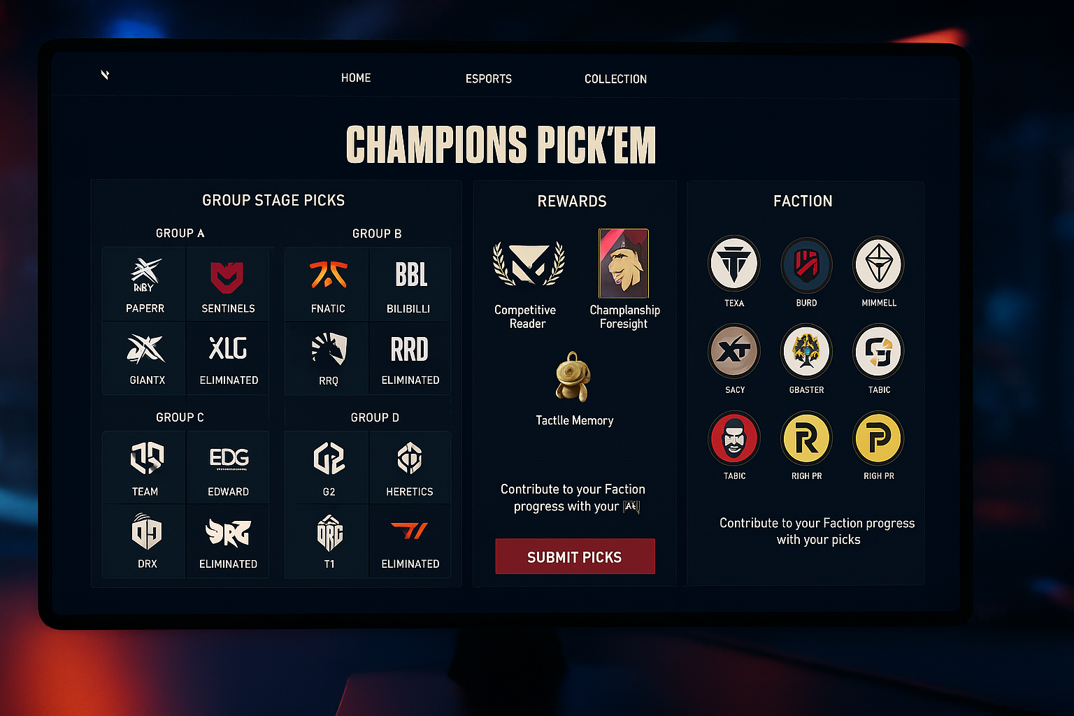 Pantalla del evento Pick’ems de VALORANT Champions 2025 mostrando grupos, facciones y recompensas