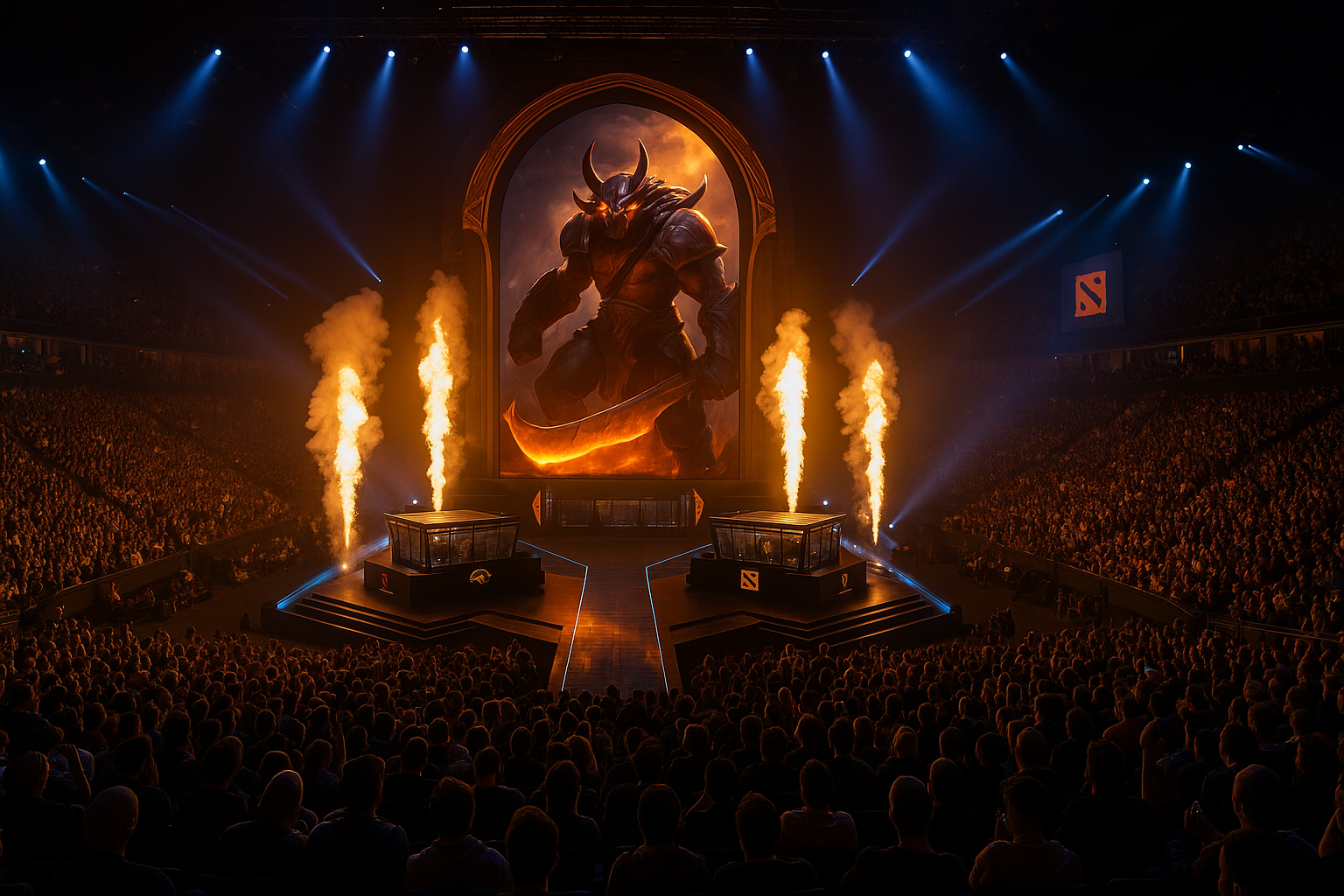 Ceremonia de apertura de The International 2025 con escenario iluminado, público masivo y show de fuegos en arena de esports
