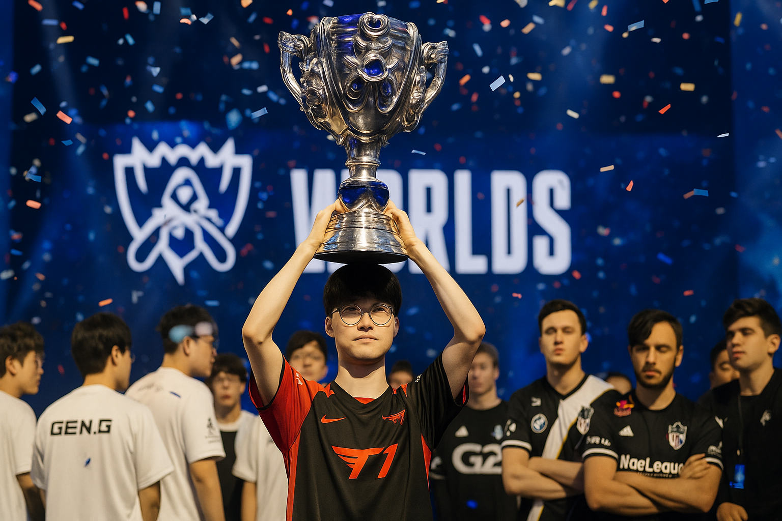 Jugador profesional levantando la Copa del Invocador en Worlds 2025 rodeado de confeti y equipos clasificados