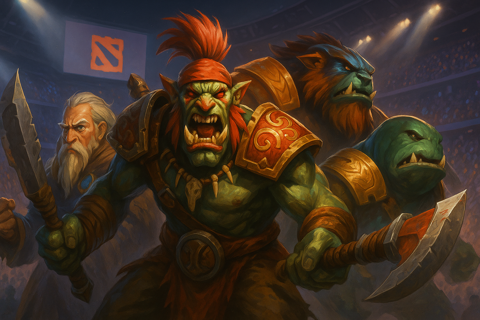 Héroes de Dota 2 como Troll Warlord, Earthshaker y Tidehunter en escenario competitivo durante The International 2025