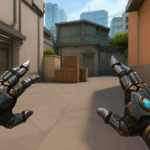 Jugador en VALORANT mostrando los Arcane Gauntlets en primera persona dentro del mapa, con detalles futuristas y ambiente urbano.