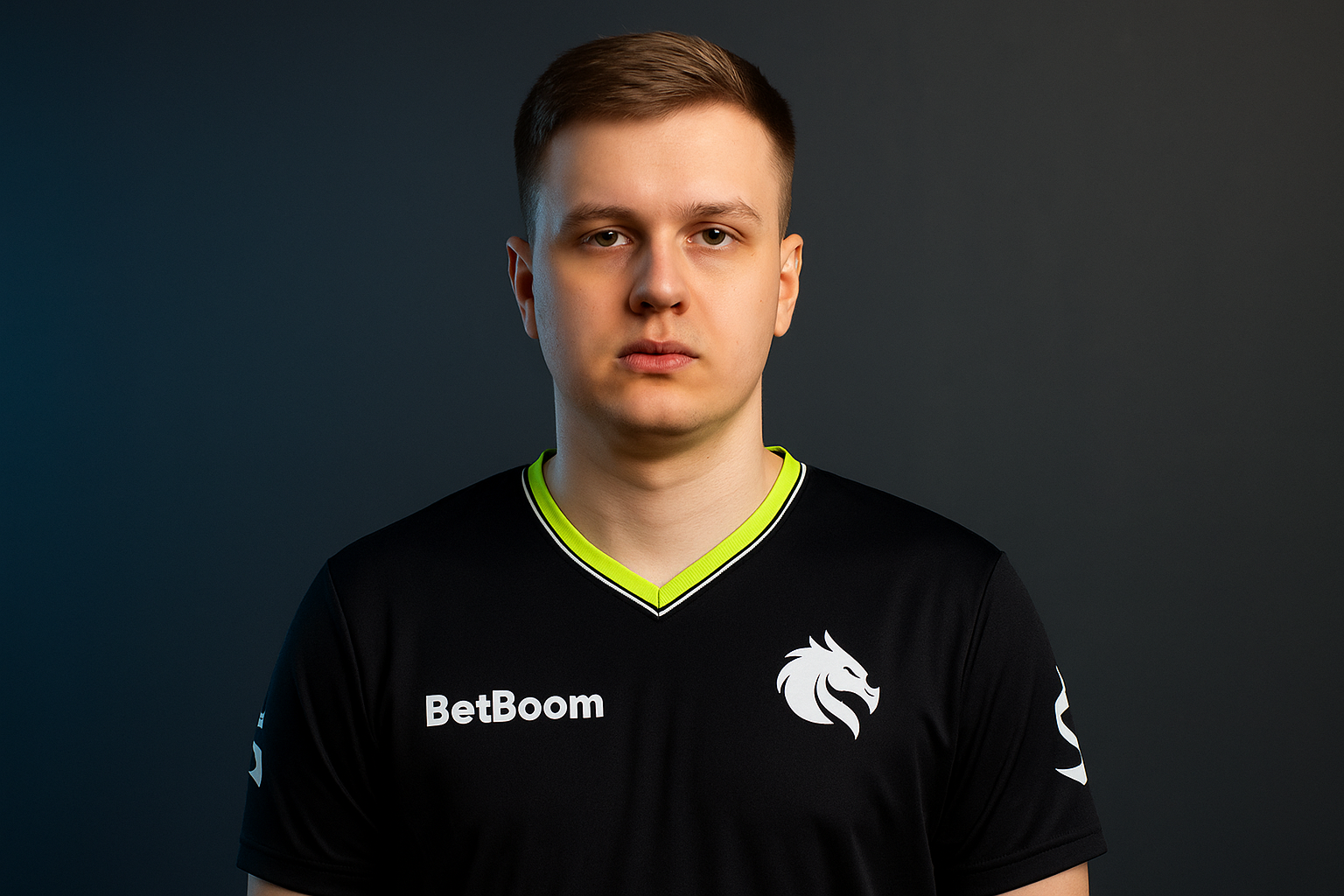 Jugador profesional de CS2 fichado por Team Spirit posando con la camiseta oficial del equipo.