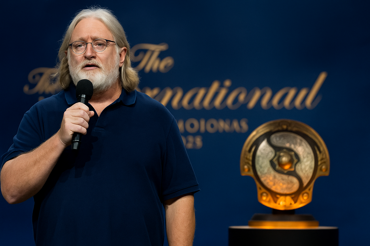 Gabe Newell hablando en The International 2025 en Hamburgo, con el trofeo Aegis of Champions iluminado al fondo.