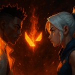 Phoenix y Jett enfrentados en una escena épica del himno VALORANT Champions 2025, con fuego y el logo de VALORANT al centro.
