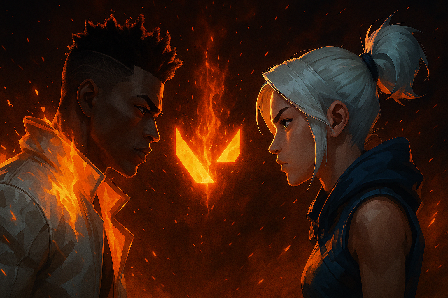 Phoenix y Jett enfrentados en una escena épica del himno VALORANT Champions 2025, con fuego y el logo de VALORANT al centro.
