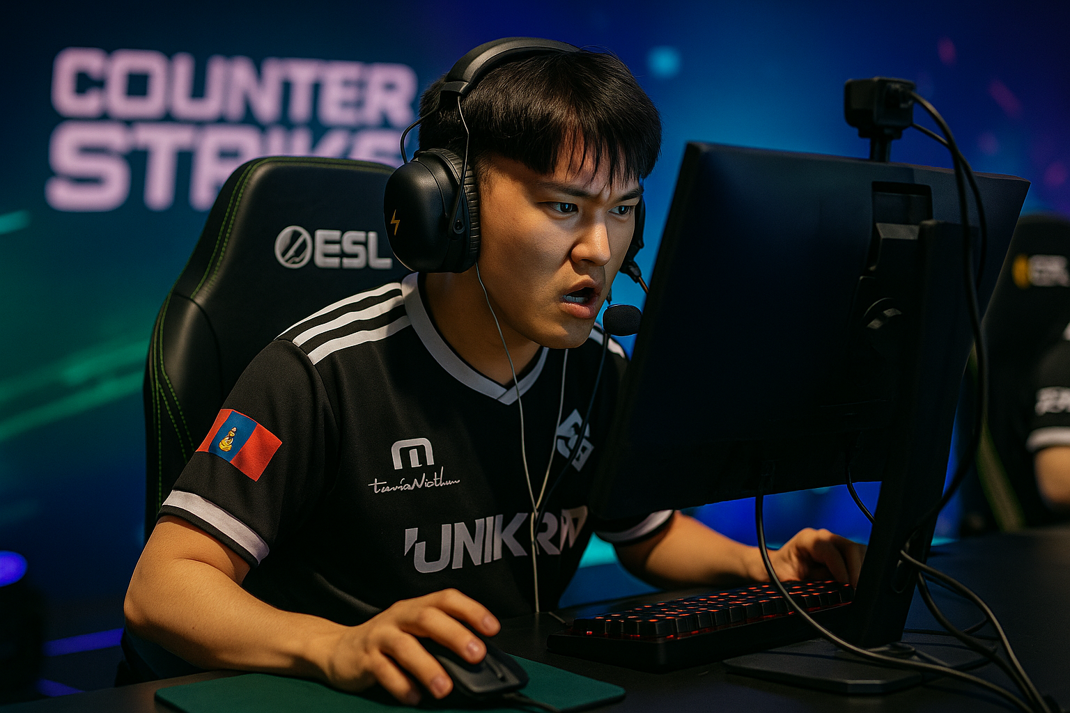 Jugador profesional de CS2 compitiendo en el Thunderpick World Championship 2025 con total concentración en el escenario.