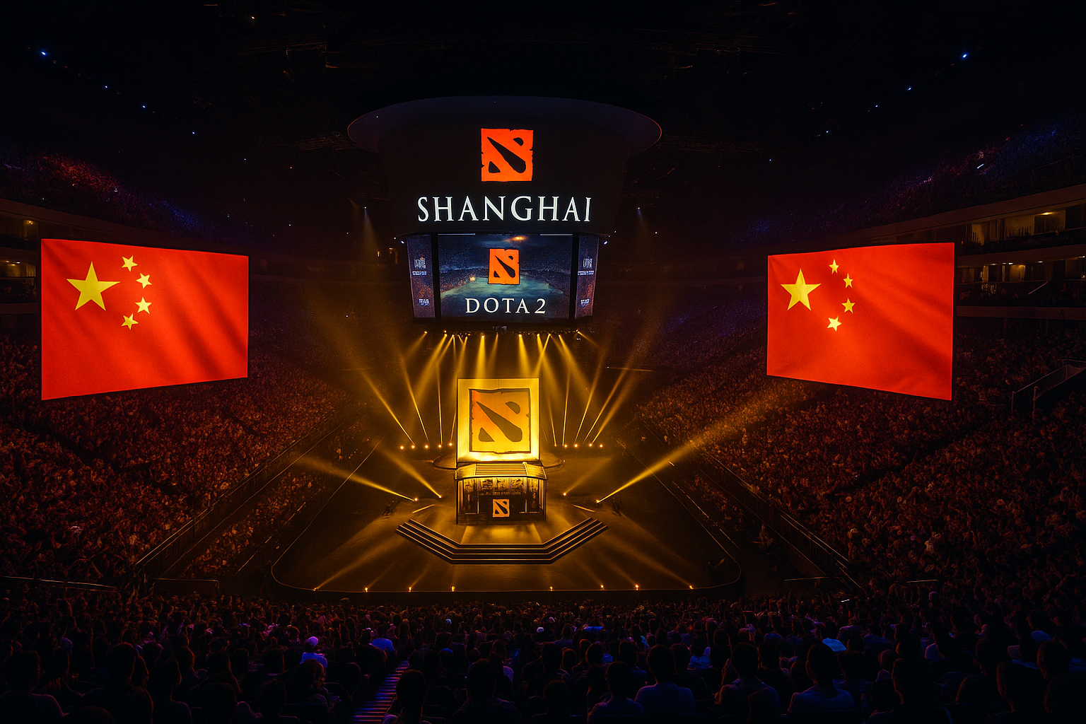 Escenario de Dota 2 en Shanghái iluminado con banderas chinas y miles de fans celebrando el anuncio de TI 2026.