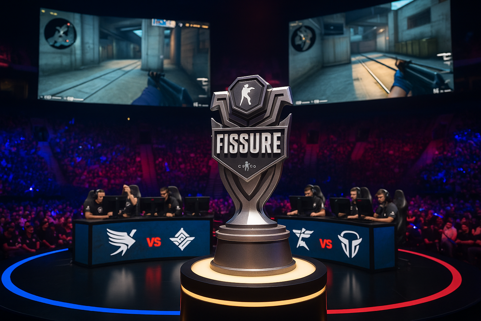 Trofeo del torneo FISSURE en el escenario central de un campeonato de CS2, con equipos compitiendo y público animando en la arena.