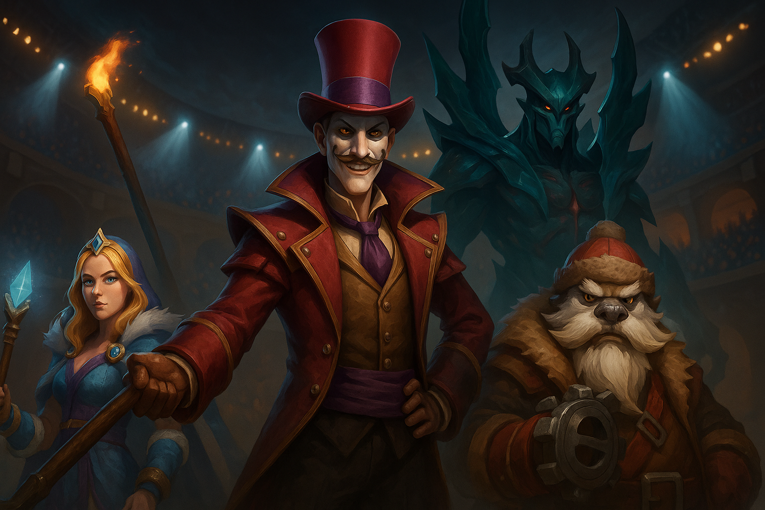 Héroes icónicos de Dota 2 en un escenario de TI 2025, mostrando la ausencia de una nueva revelación.