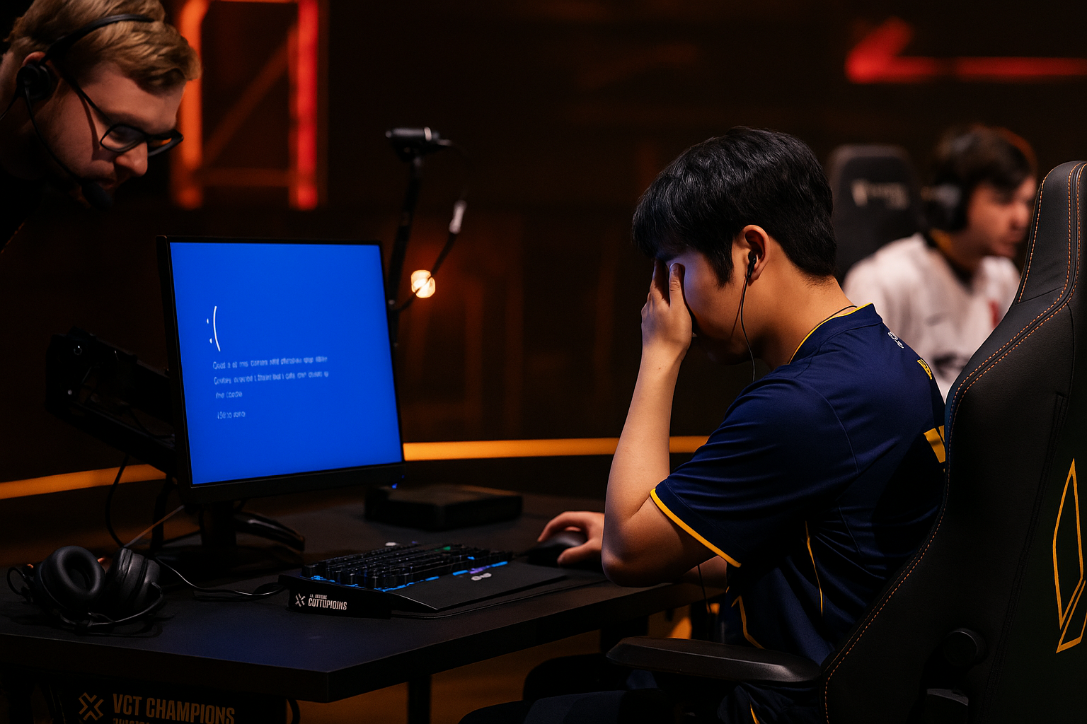 Jugador de VALORANT con problemas técnicos en pleno VCT Champions París, mostrando frustración por fallas de PC.