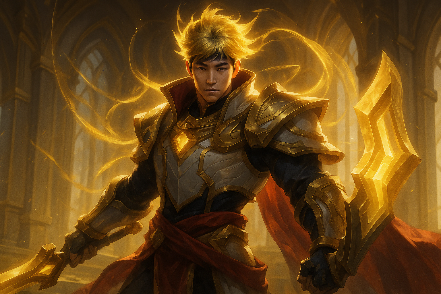 Sylas en su skin Prestigio T1 inspirada en Faker, con armadura dorada y aura brillante en League of Legends.
