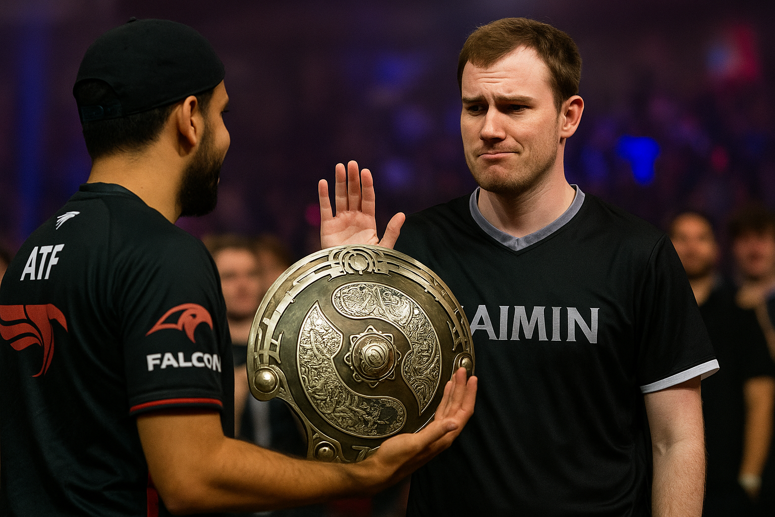 Quinn rechaza sostener el Aegis ofrecido por ATF en la afterparty de TI 2025, mostrando emoción y deportividad.