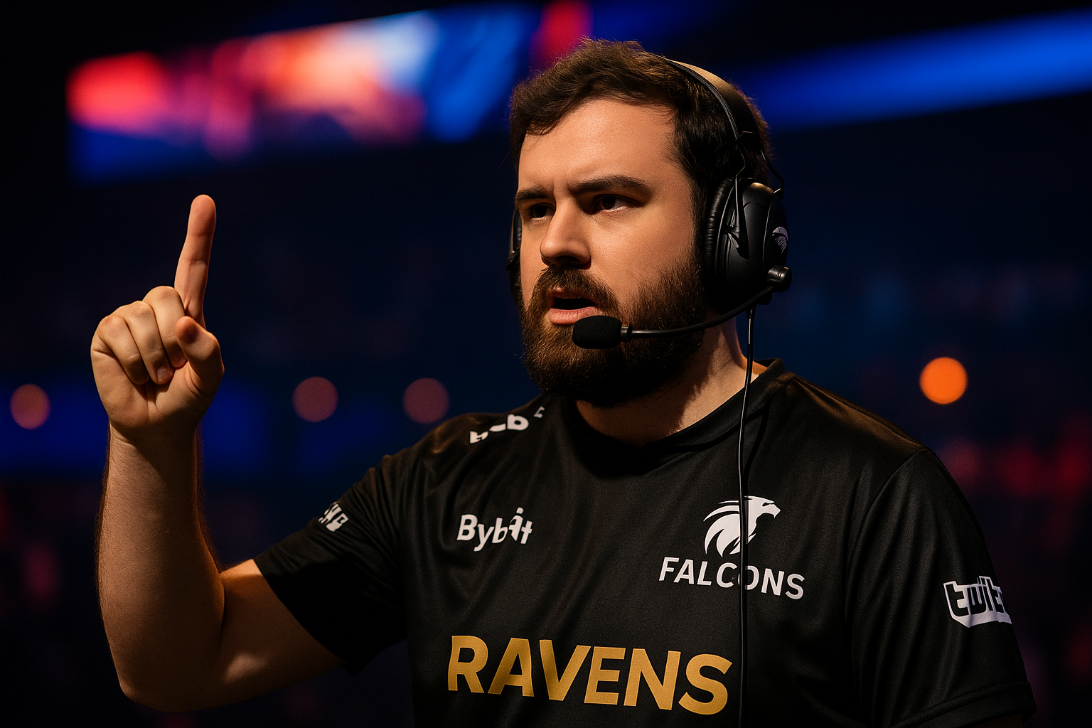 Aui_2000 celebrando con Falcons tras ganar TI 2025, señalando con determinación en un escenario de esports.