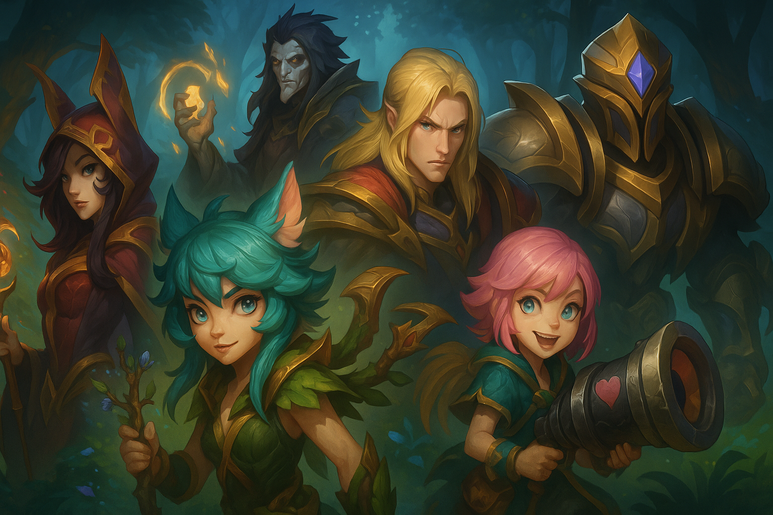 Campeones de League of Legends en ilustración épica, representando los cambios y buffs del parche 25.19.