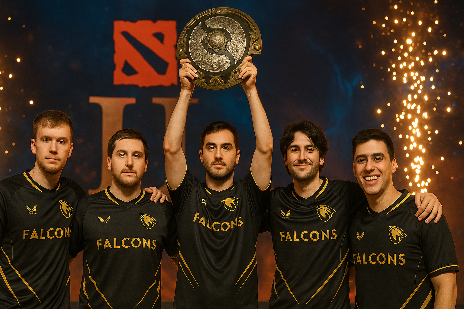Team Falcons celebrando su título en The International 2025 de Dota 2, levantando el Aegis tras su histórica victoria.