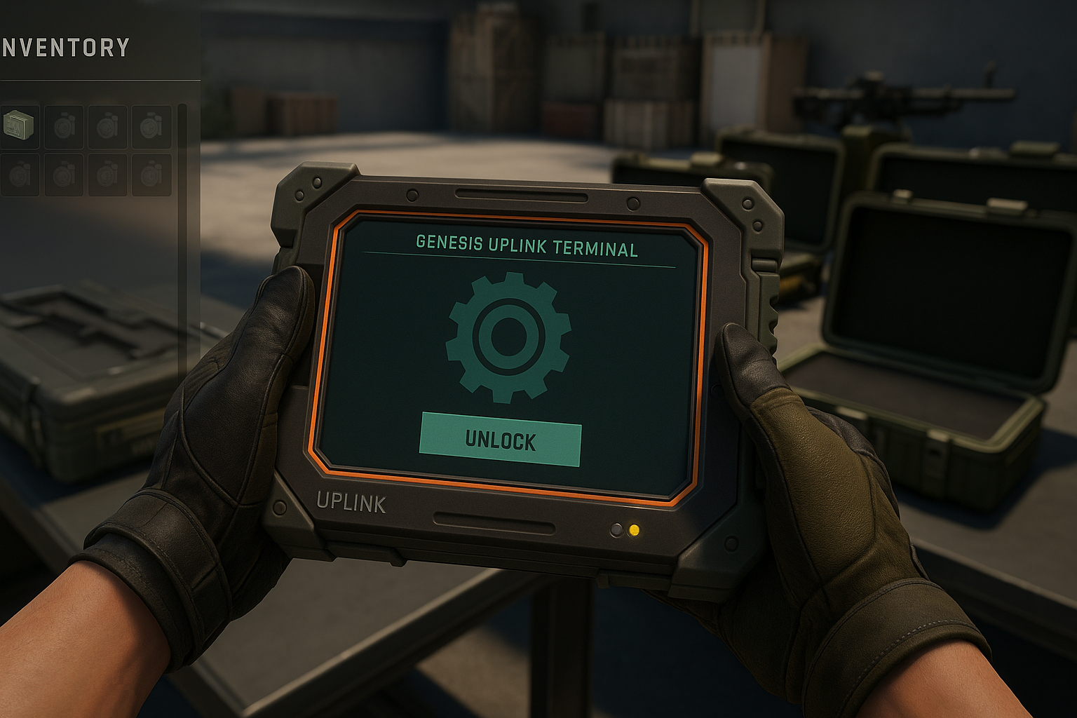 Jugador abriendo el Genesis Uplink Terminal en CS2, mostrando la interfaz en primera persona con estilo militar e industrial.