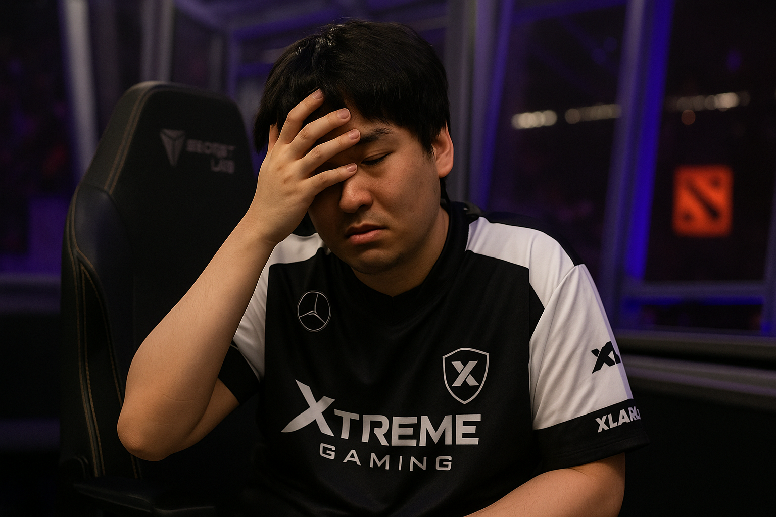 Ame de Xtreme Gaming mostrando frustración en la final del TI 2025 de Dota 2 tras caer frente a Team Falcons.