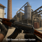 Vista en primera persona de un jugador en CS2 mostrando el skin AK-47 de la Genesis Collection en un mapa industrial.