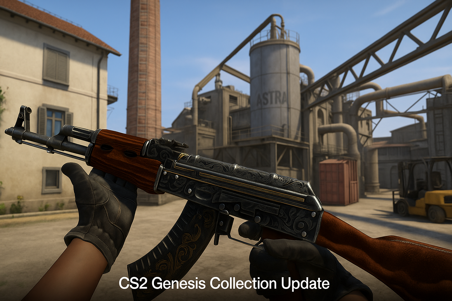 Vista en primera persona de un jugador en CS2 mostrando el skin AK-47 de la Genesis Collection en un mapa industrial.
