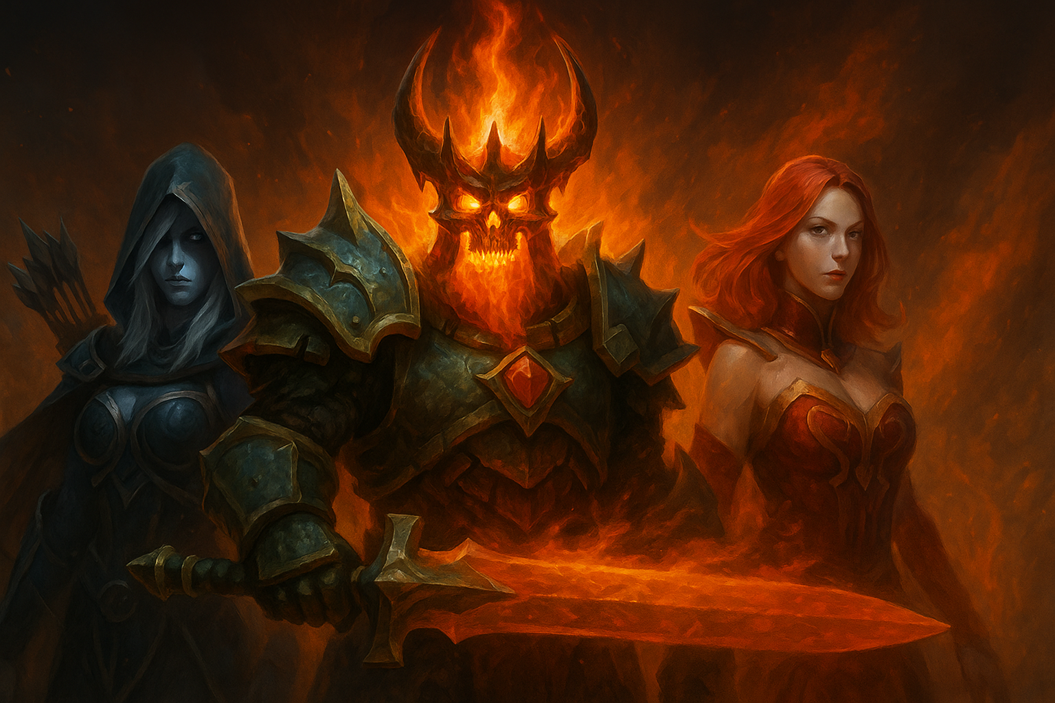 Héroes de Dota 2 ignorados en el TI 2025, con Wraith King, Drow Ranger y Lina en un arte épico.