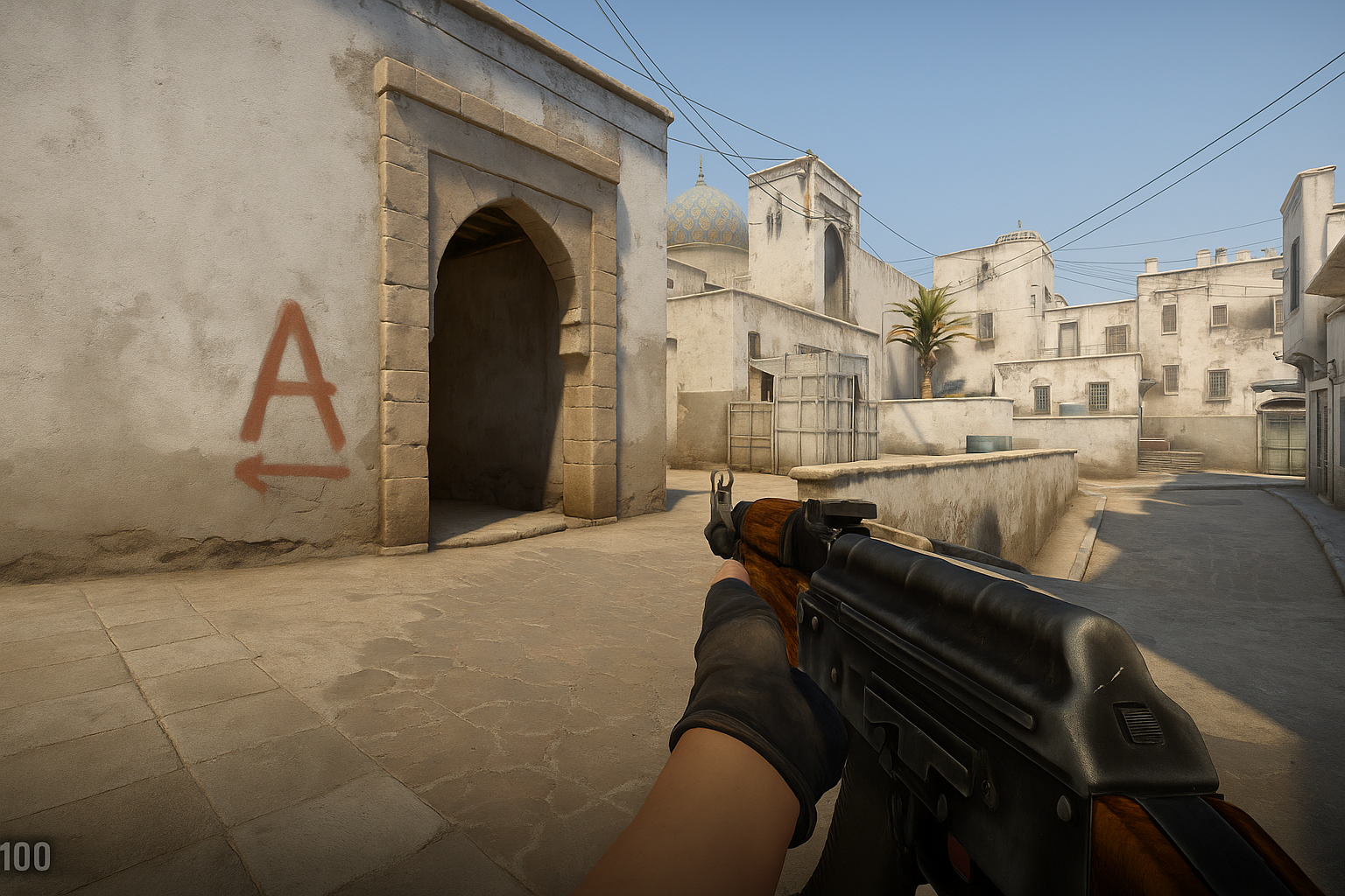 Vista en primera persona en CS2 en Dust2, mostrando ajustes gráficos para lograr apariencia similar a CS:GO.