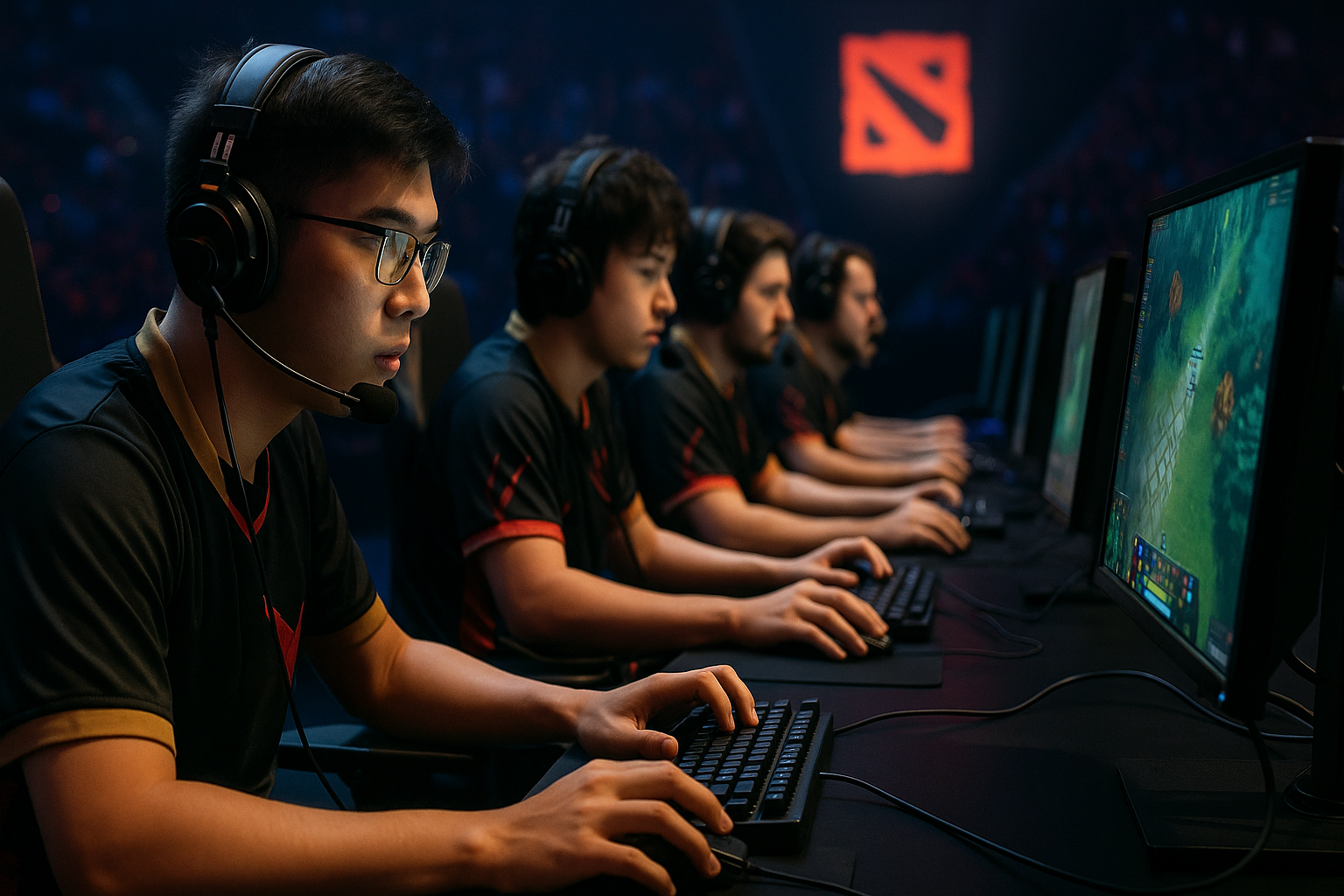 Equipo de Dota 2 concentrado en un torneo eSports tras el TI 2025, con jugadores en PC y el logo del juego iluminado al fondo.