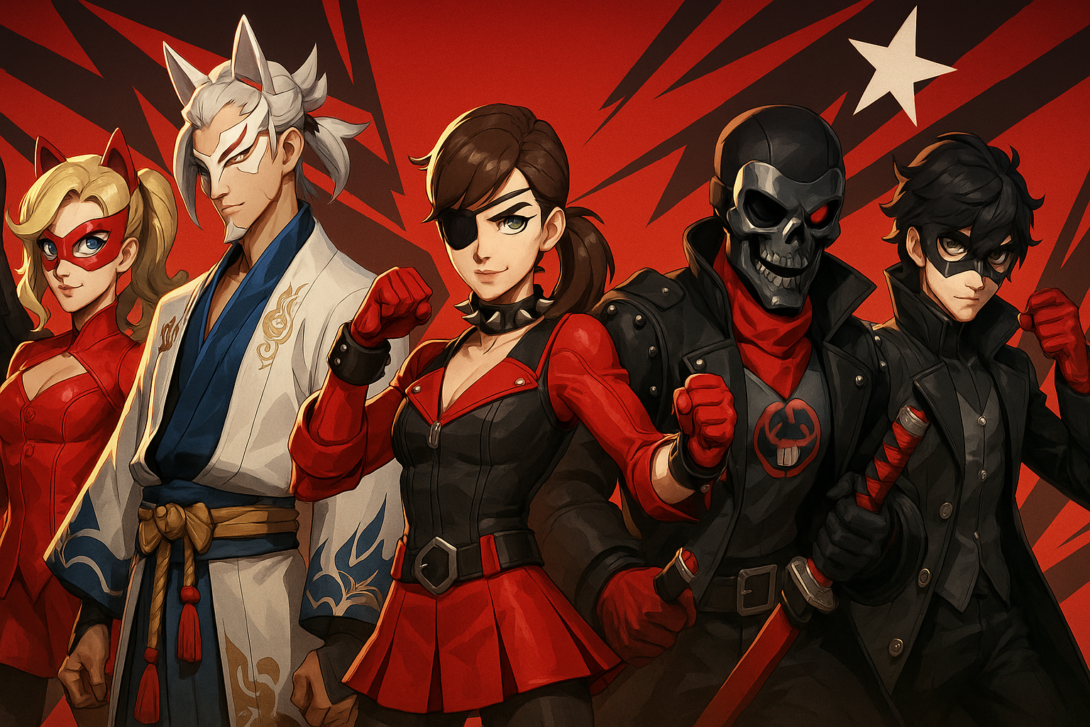 Héroes de Overwatch 2 con skins de Persona 5 Phantom Thieves posando con actitud en un fondo rojo y negro con estrellas.