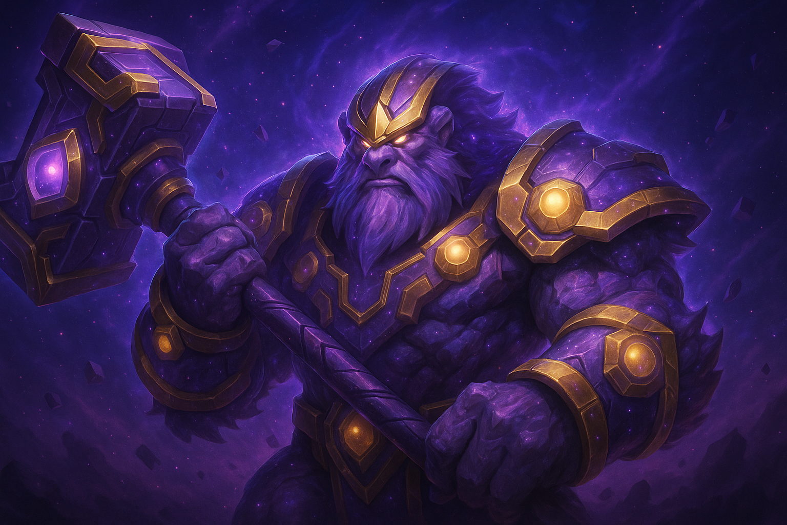 Arcano cósmico de Earthshaker en Dota 2, con armadura púrpura y dorada brillando en un fondo galáctico.