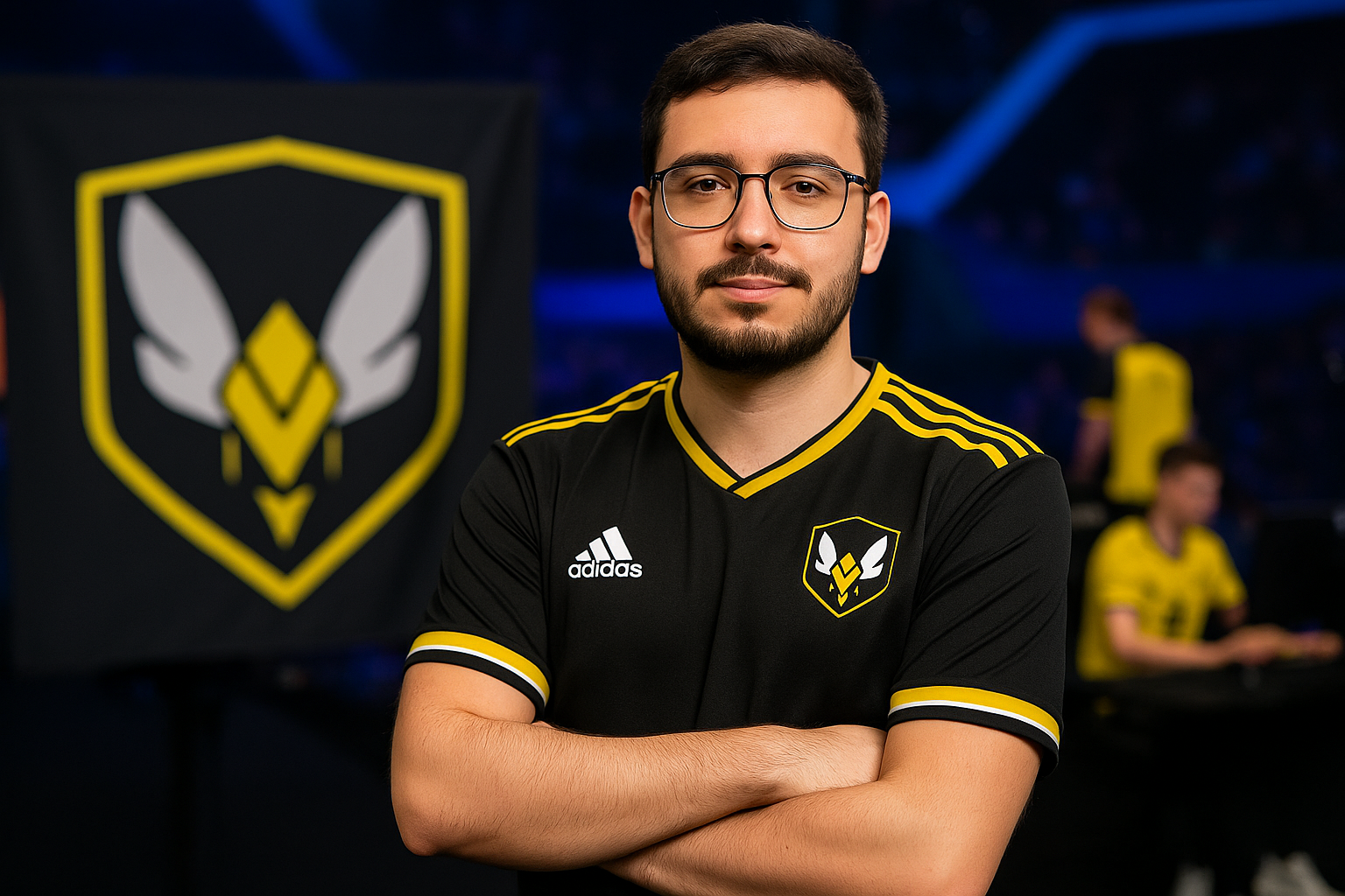 Pablo “VdaK1NG” Escobar posando con la camiseta de Team Vitality en un evento de esports de CS2.