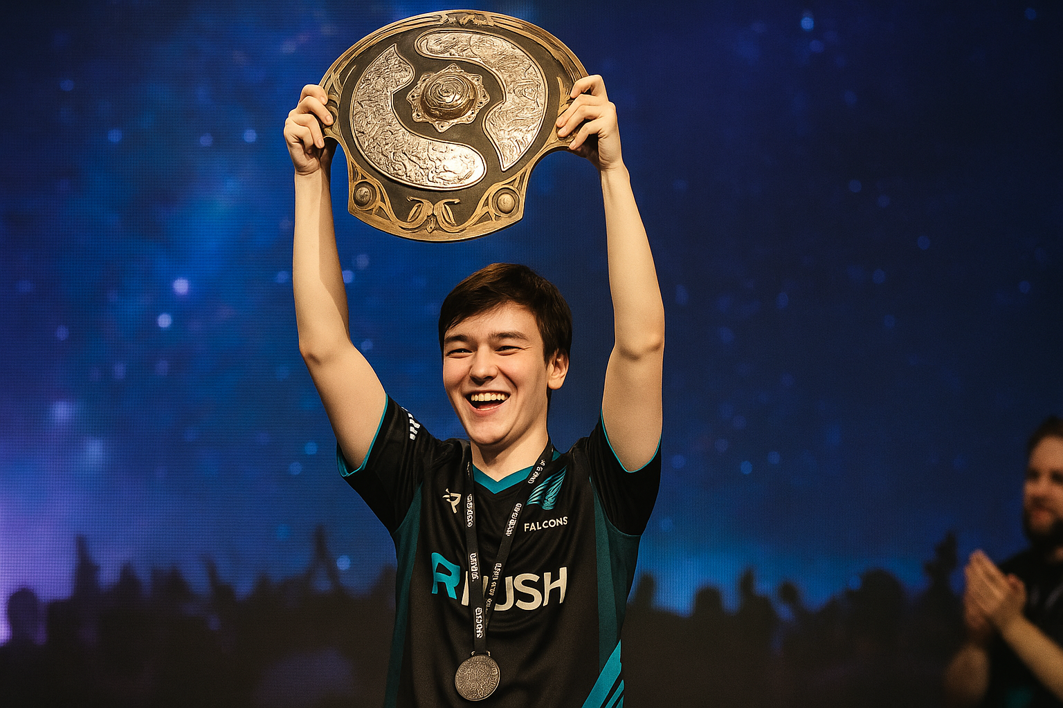 Malr1ne levantando el Aegis de Campeones tras ganar The International 2025 con Team Falcons en Hamburgo.