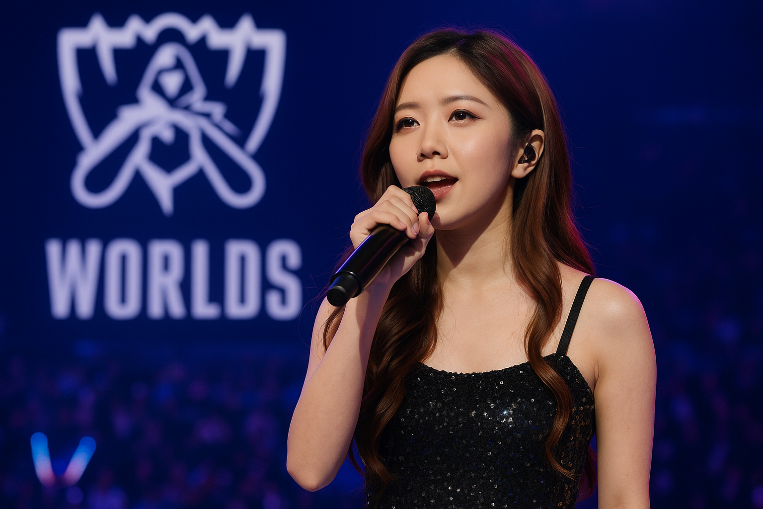 G.E.M. cantando el himno oficial de Worlds 2025 en la ceremonia de apertura en Chengdu.
