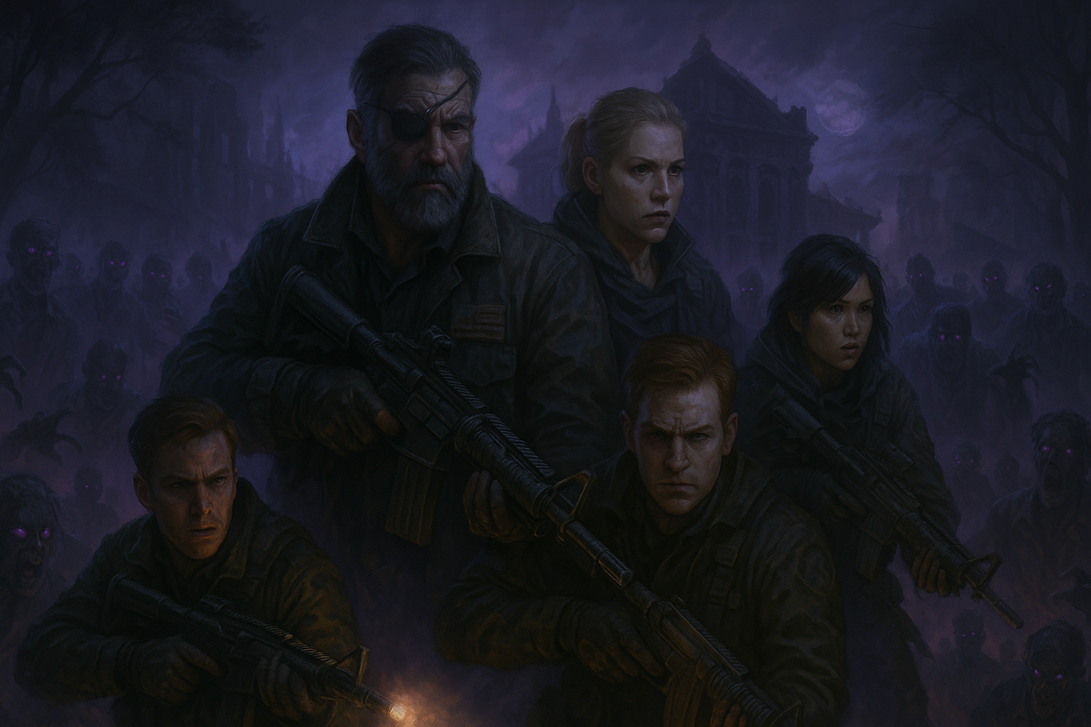Personajes de Black Ops 7 armados enfrentando hordas de zombies en el Dark Aether bajo una luna llena.