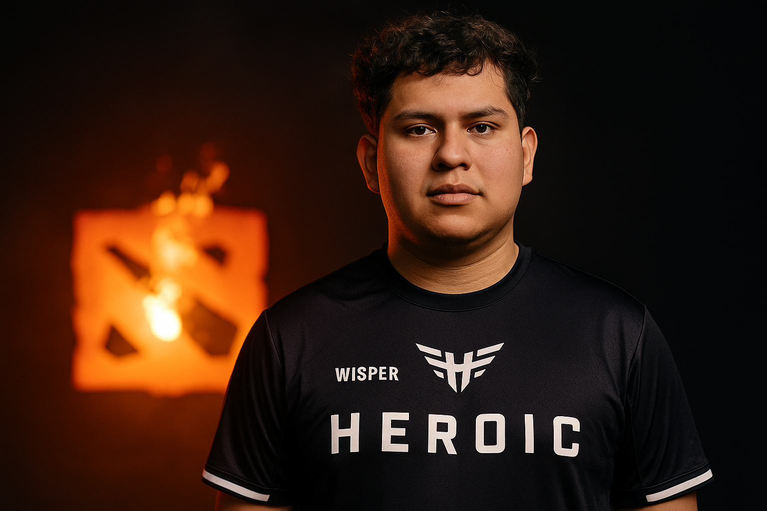 Wisper con la camiseta de HEROIC frente al logo de Dota 2 en llamas.