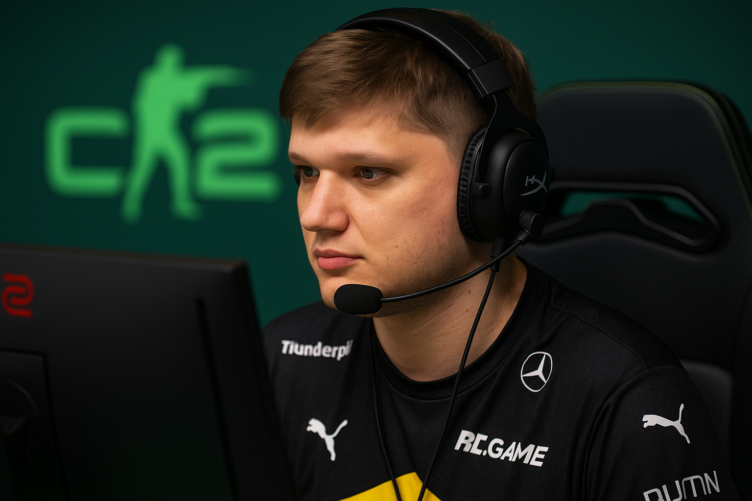 s1mple concentrado jugando CS2 con auriculares profesionales durante un partido competitivo.