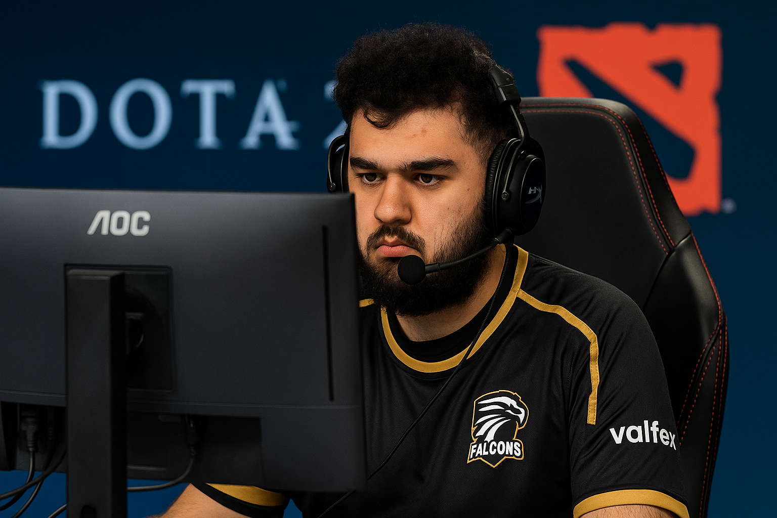 ATF jugando Dota 2 con Falcons, concentrado frente al monitor en un torneo competitivo.