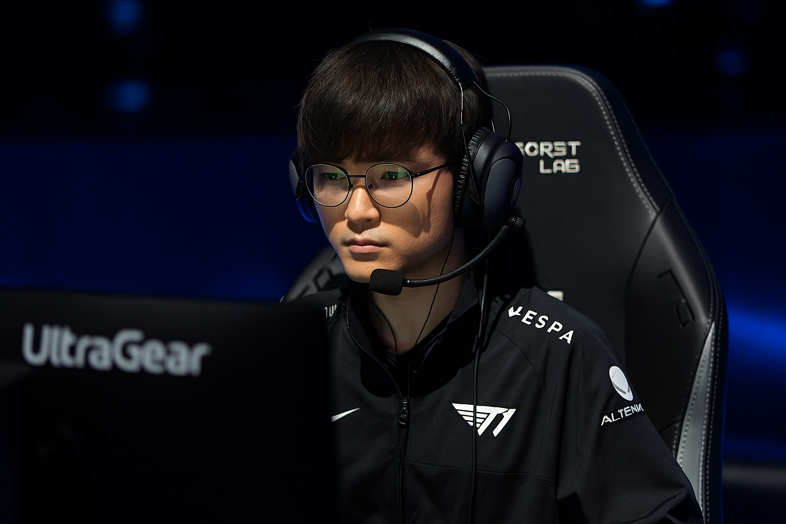 Faker concentrado en partida competitiva de League of Legends con T1 en Worlds 2025.