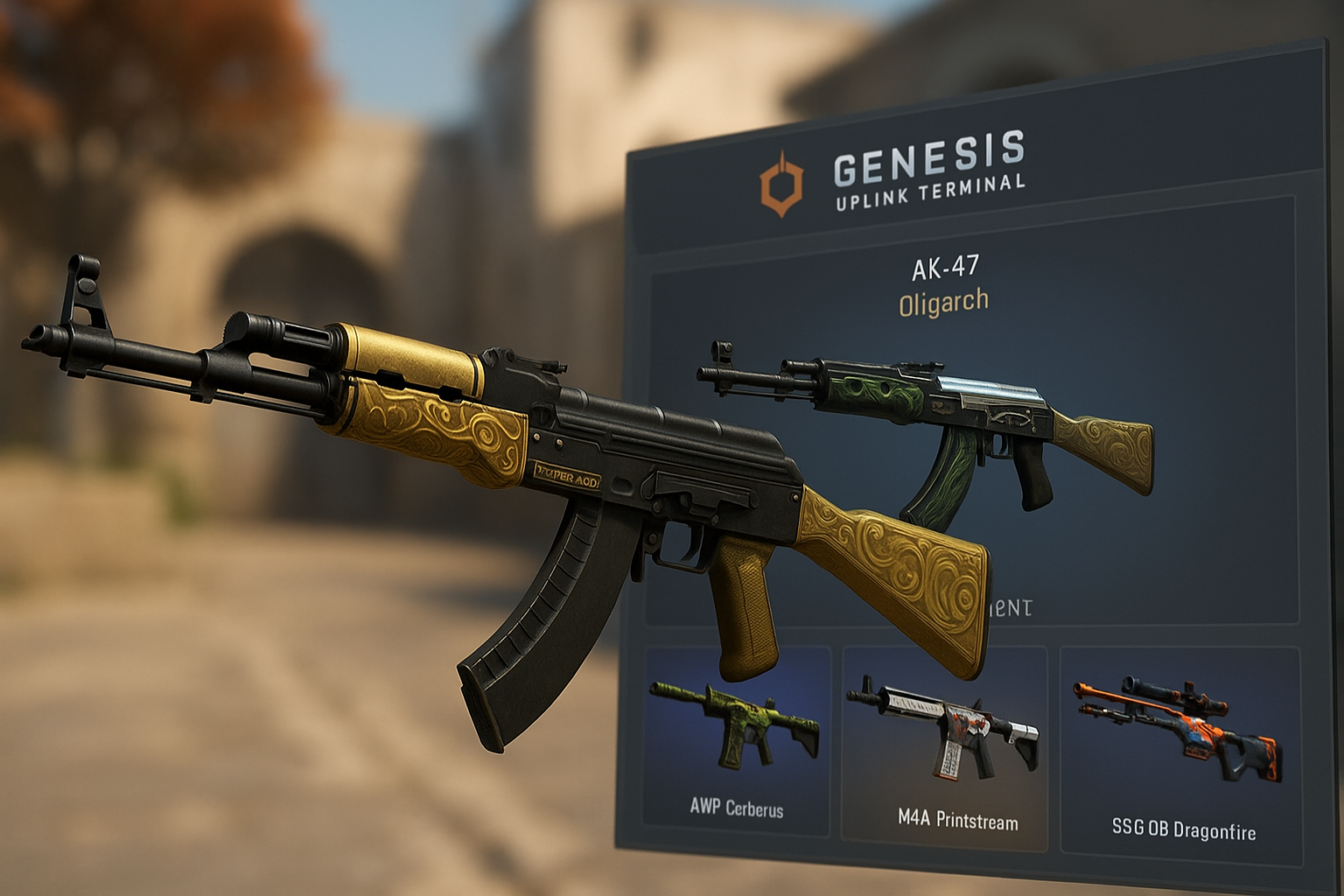 Skin AK-47 Oligarch del Genesis Uplink Terminal en CS2 mostrado en pantalla de selección.