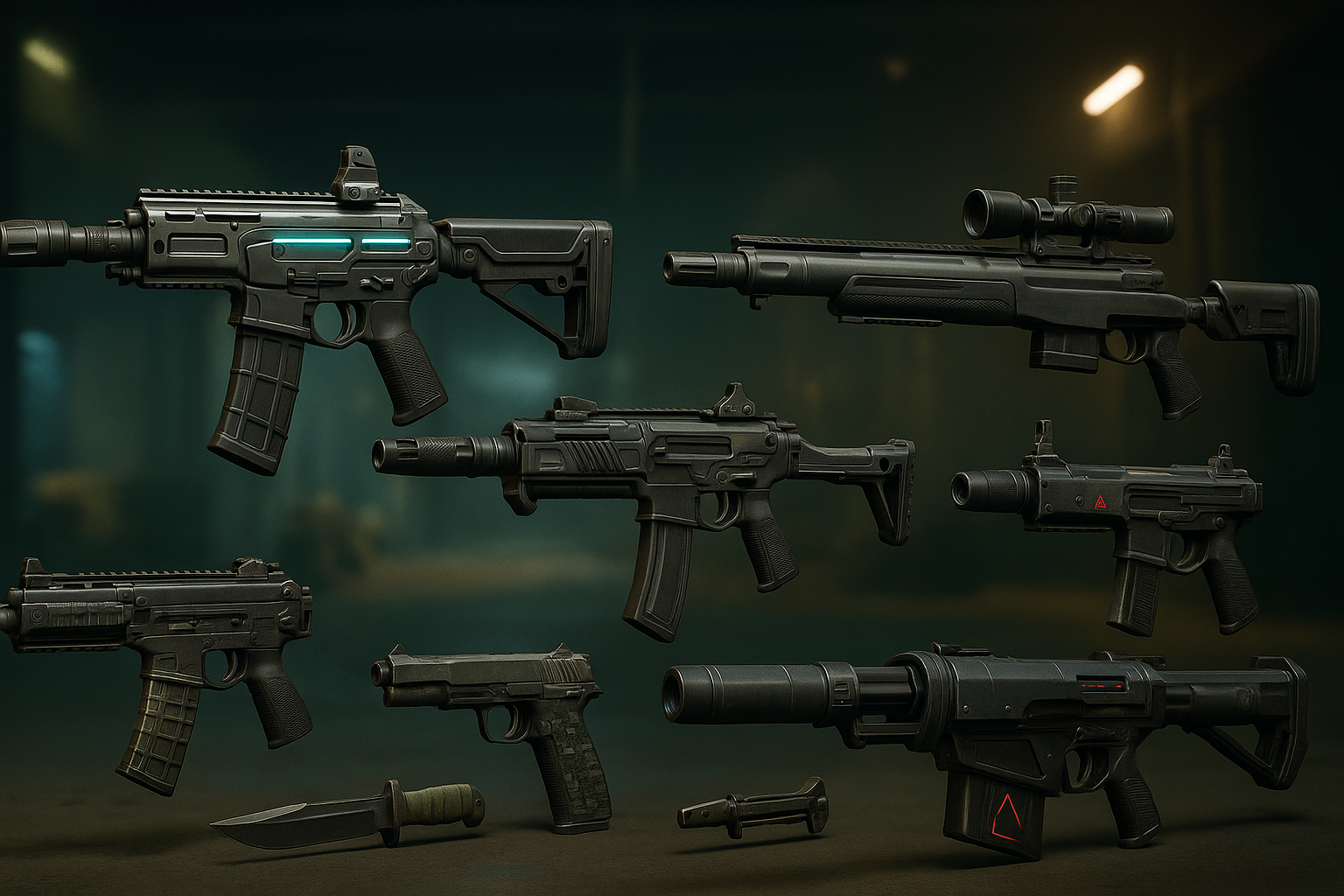 Armas de Call of Duty Black Ops 7 mostradas en un fondo industrial oscuro.