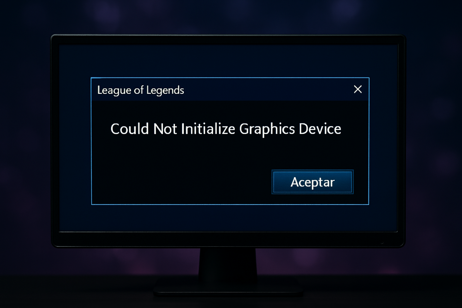 Error gráfico en League of Legends mostrando mensaje en pantalla de Windows.