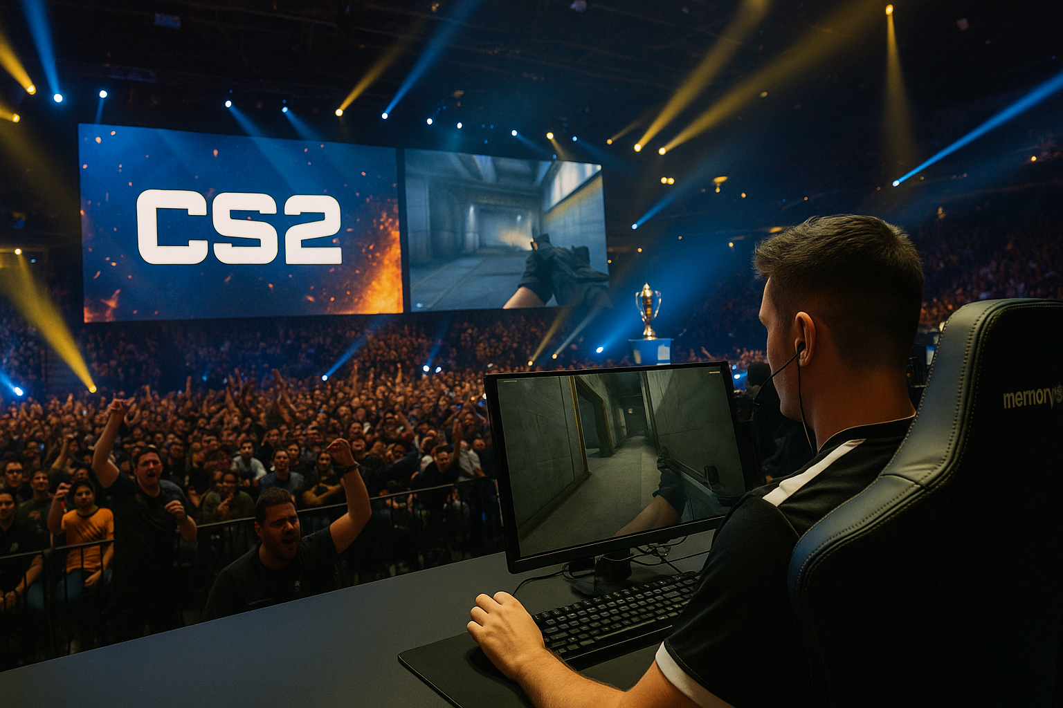 Jugador profesional de CS2 en torneo en vivo con público encendido y escenario iluminado.
