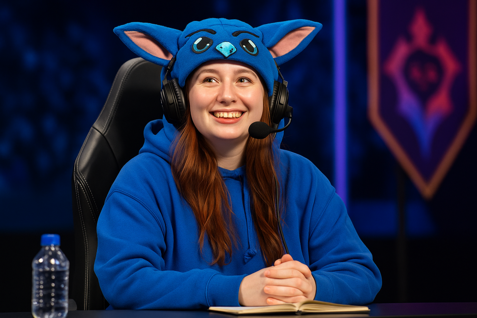 Sheepsticked sonriente con capucha de Meepo azul durante transmisión en vivo de Dota 2.