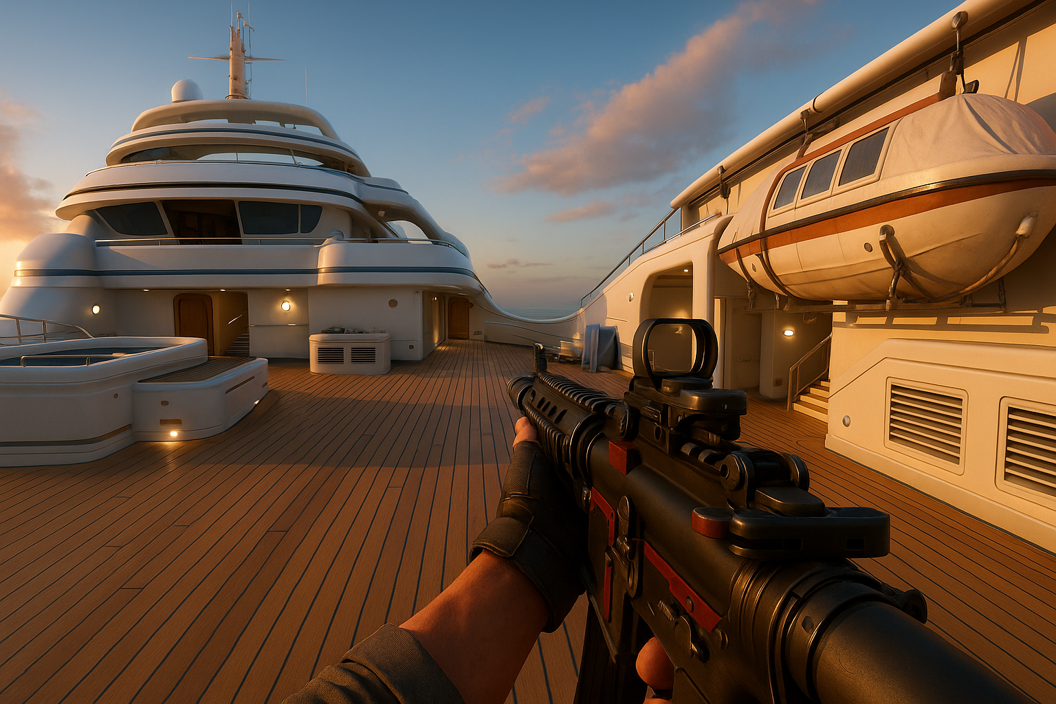Vista en primera persona del mapa Hijacked en Black Ops 7 al atardecer, mostrando un yate de lujo y un rifle apuntando.