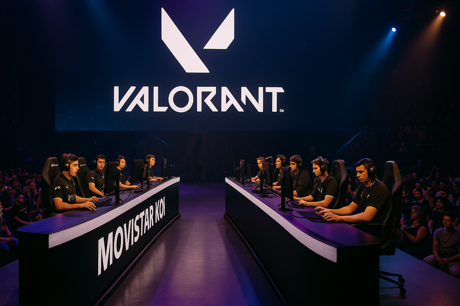 Jugadores en un escenario de VALORANT durante torneo en vivo, con público y pantallas iluminadas.