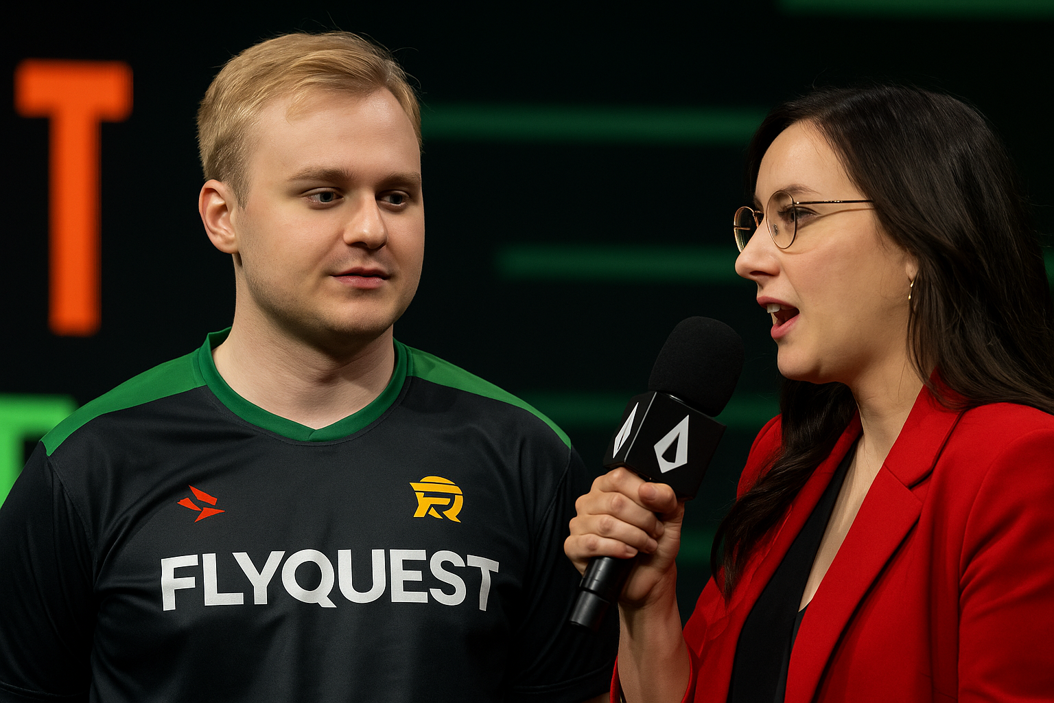 Inspired, jugador de FlyQuest, siendo entrevistado tras la final de la LTA en un escenario de esports.