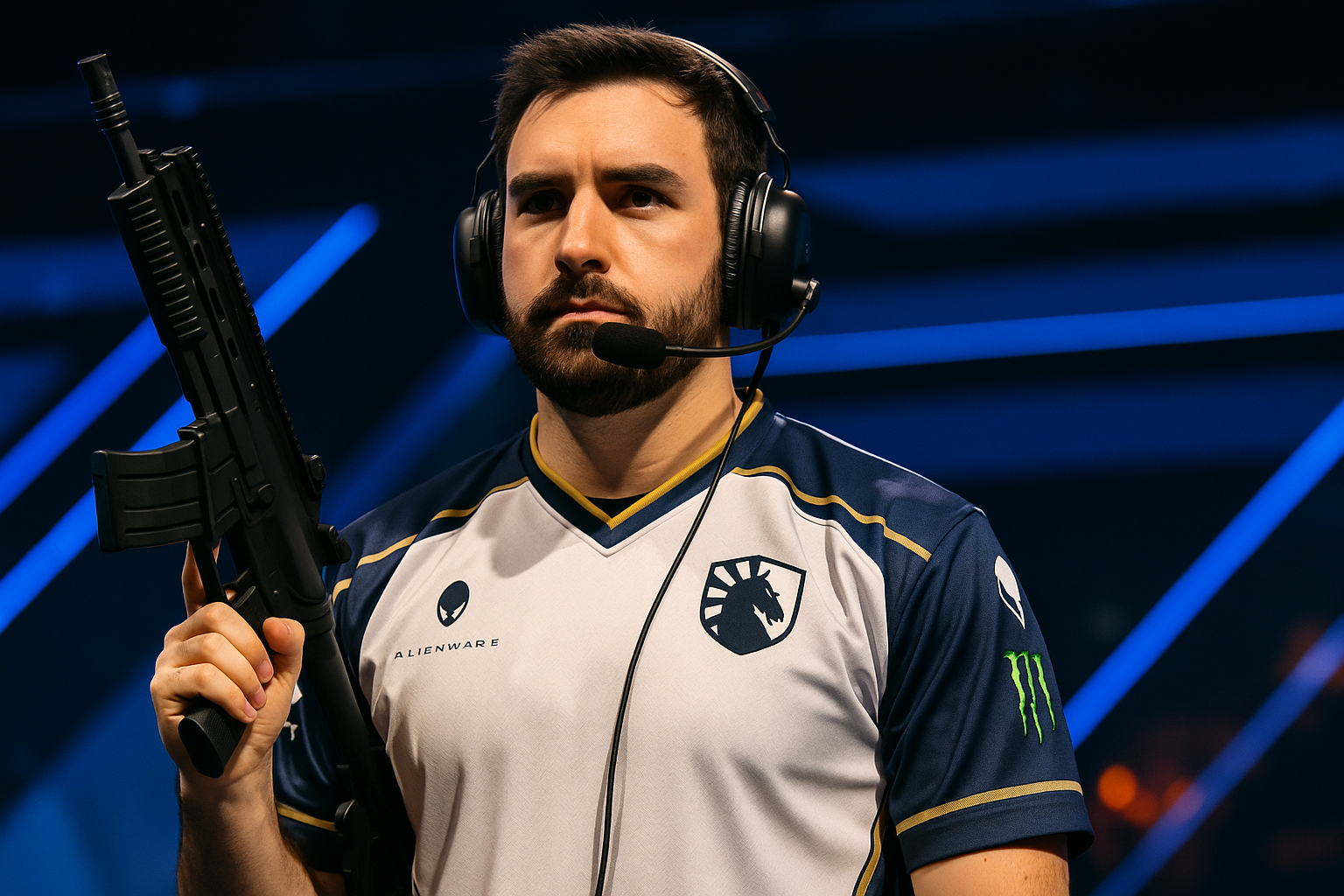 Jugador de Team Liquid con camiseta oficial, concentrado en un torneo de CS2 en escenario iluminado.