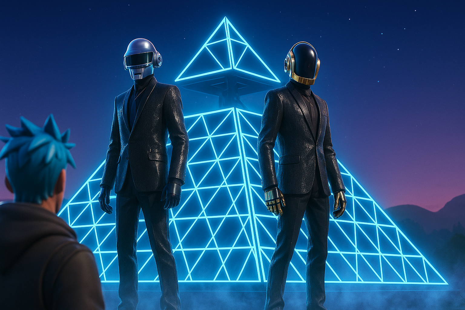 Daft Punk sobre escenario piramidal futurista en Fortnite con luces de neón azules y fondo estrellado.